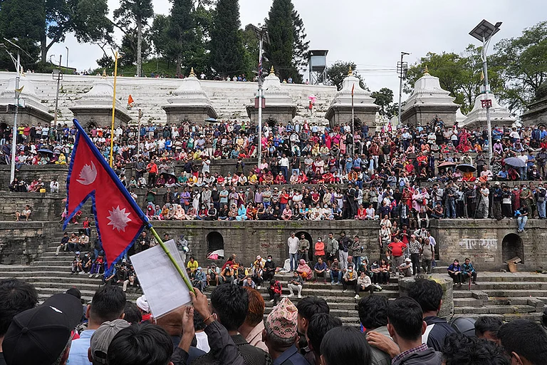 A group of people at a funeral ceremony at Pasupati after the Gen-Z protests in Nepal - | Photo: Sandipan Chatterjee/Outlook