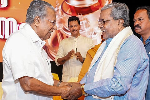 Kerala Chief Minister Pinarayi Vijayan with Karnataka Chief Minister Siddaramaiah during the 93rd Sivagiri Pilgrimage at the Sivagiri Mutt in Varkala, Kerala. 