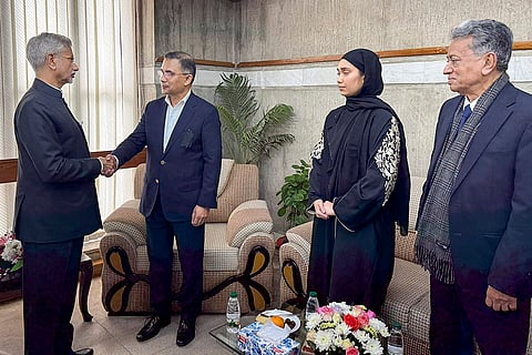 External Affairs Minister S Jaishankar, left, with Bangladesh High Commissioner to India Riaz Hamidullah during his visit for the funeral of former prime minister Khaleda Zia, in Bangladesh.