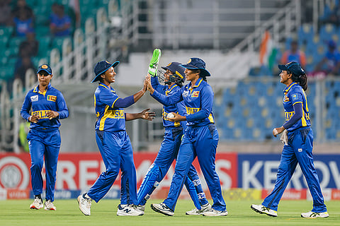 Sri Lanka's players celebrates the wicket during during the fifth T20 International cricket match of a series between India Women and Sri Lanka Women, at Greenfield International Stadium, in Thiruvananthapuram.