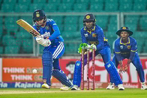 India's Harleen Deol plays a shot during the fifth T20 International cricket match of a series between India Women and Sri Lanka Women, at Greenfield International Stadium, in Thiruvananthapuram.