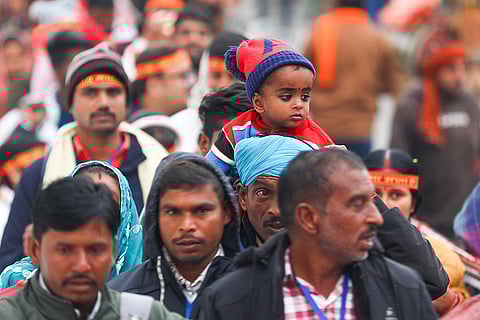 Devotees in a queue during the Vaishno Devi Yatra in Katra, Reasi district.