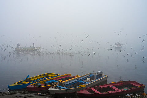 A layer of dense fog engulfs the banks of the Yamuna river on a cold winter morning, in New Delhi.