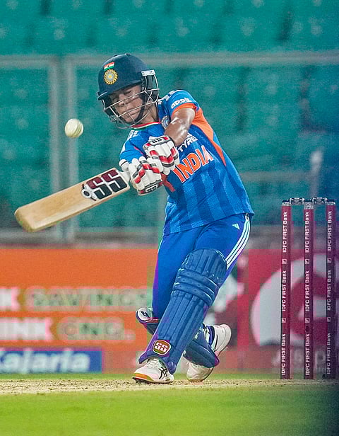 India's Amanjot Kaur plays a shot during the fifth T20 International cricket match of a series between India Women and Sri Lanka Women, at Greenfield International Stadium, in Thiruvananthapuram, Kerala.