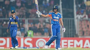 | Photo: X/BCCIWomen : India's Harmanpreet Kaur celebrates her half-centry during the fifth women's T20I against Sri Lanka on December 30, 2025.