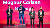 | Photo: X/FIDE_chess : Norway's Magnus Carlsen with the FIDE World Blitz Championship 2025 title, with India's Arjun Erigaisi with the bronze medal behind.