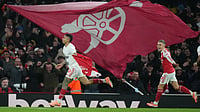 | Photo: AP/Alastair Grant : Arsenal's Gabriel Jesus celebrates after scoring his side's fourth goal during the English Premier League soccer match between Arsenal and Aston Villa in London, Tuesday, Dec. 30, 2025. 