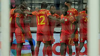 | Photo: AP/Mosa'ab Elshamy : DR Congo's Nathanael Mbuku celebrates with teammates after scoring opening goal during the Africa Cup of Nations group D soccer match between Botswana and DR Congo in Rabat, Morocco, Tuesday, Dec. 30, 2025.