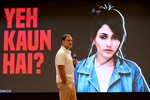 Congress leader Rahul Gandhi addresses a press conference on the alleged "vote chori" in Haryana elections at Indira Bhawan, on November 5, 2025 in New Delhi, India