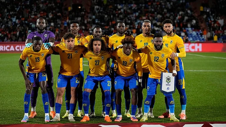 The Gabon team poses for a photo during the Africa Cup of Nations group F match against Ivory Coast in Marrakech, Morocco. - AP