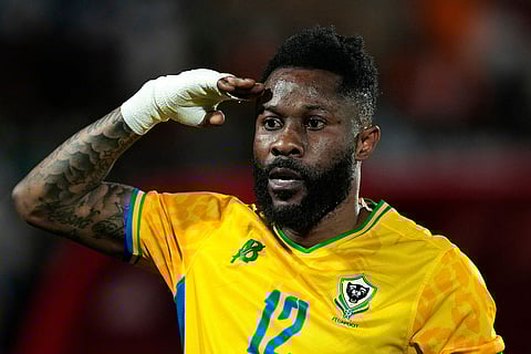 Gabon's Guelor Kanga celebrates after scoring during the Africa Cup of Nations group F soccer match between Gabon and Ivory Coast, in Marrakech, Morocco.