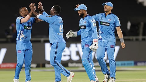 Sherfane Rutherford of Pretoria Capitals celebrates the wicket of Reeza Hendricks of MI Cape Town during match 8.