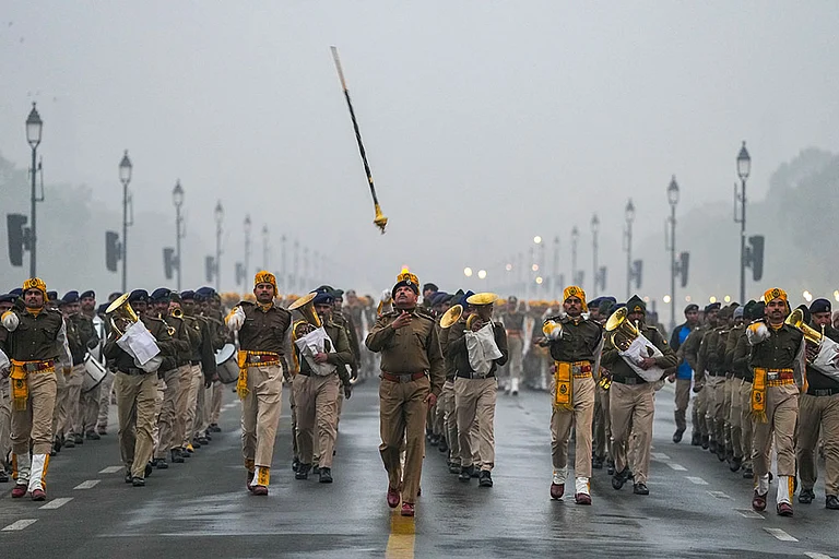 Central Industrial Security Force (CISF) officials during a rehearsal ahead of the Republic Day, at Kartavya Path in New Delhi. - | Photo: PTI/Ravi Choudhary