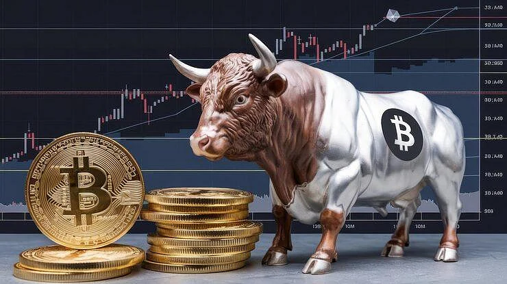 Bull market graphic with bull statue and Bitcoin coins