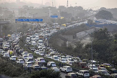 Vehicles stuck in a traffic jam amid rush on the first day of the year 2026, at JP Ganga Path, in Patna.