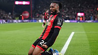 | Photo: John Walton/PA via AP : EPL 2024-25: Bournemouth's Antoine Semenyo celebrates a goal.