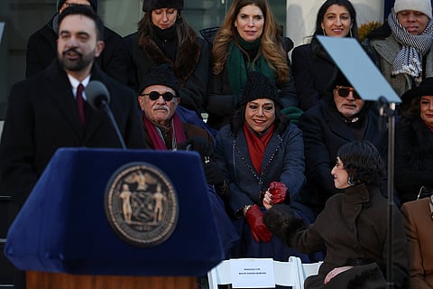 Mahmood Mamdani and Mira Nair, parents of Mayor Zohran Mamdani react as Mamdani speaks during his inauguration ceremony in New York. 