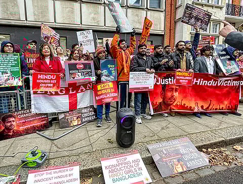 Members of 'Bengali Hindu Adarsha Sangha UK' stage a protest against alleged atrocities on Hindu minorities in Bangladesh, outside the Bangladesh High Commission in London.