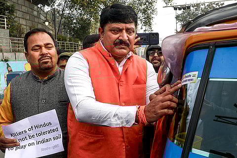 President of Shiv Sena (UBT) Jammu and Kashmir unit Manish Sahni during the 'Main Bharatiya - Mera Bharat Mahan' campaign pledging to make the Union Territory free from illegal Bangladeshi and Rohingya settlers, in Jammu.