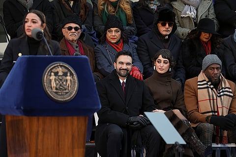 Mayor Zohran Mamdani, Rama Duwaji and New York Public Advocate Jumaane Williams along with Mamdani's parents Mahmood Mamdani and Mira Nair listen as Rep. Alexandria Ocasio-Cortez, D-N.Y. speaks during Mamdani's public swearing-in ceremony in New York. 