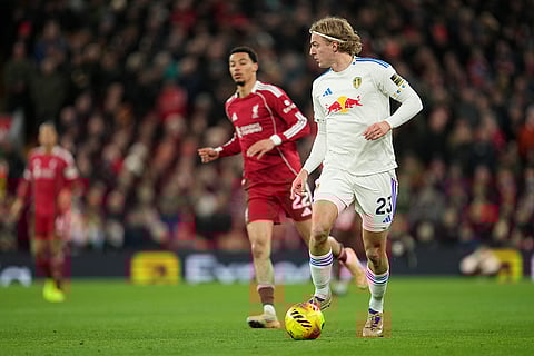 Leeds' Sebastiaan Bornauw controls the ball during the English Premier League soccer match between Liverpool and Leeds United in Liverpool, England.