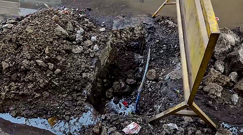 Exposed water pipeline at the site of contamination in Bhagirathpura where several people fell ill after consuming contaminated tap water, in Indore.