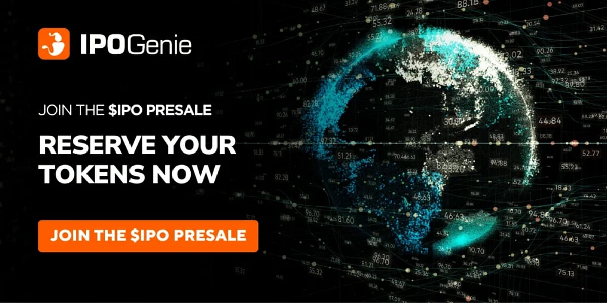 IPOGenie banner for $IPO presale featuring a digital globe on a dark background.