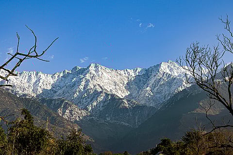 A view of the snow-capped Dhauladhar Range after fresh snowfall, as seen from Palampur, in Himachal Pradesh.