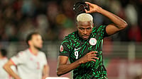 AFCON 2025-26 Round Of 16 Preview: Live Streaming, Timings, Venues - All You Need To Know | Photo: AP/Mosa'ab Elshamy : Nigeria's Victor Osimhen reacts after scoring his side's first goal during the Africa Cup of Nations group C soccer match between Nigeria and Tunisia in Fez, Morocco.