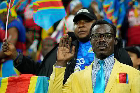 A DR Congo fans cheer prior to the Africa Cup of Nations group D soccer match between Botswana and DR Congo in Rabat, Morocco, Tuesday, Dec. 30, 2025.