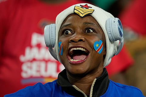 A DR Congo fan cheers prior to the Africa Cup of Nations group D soccer match between Botswana and DR Congo in Rabat, Morocco, Tuesday, Dec. 30, 2025. 