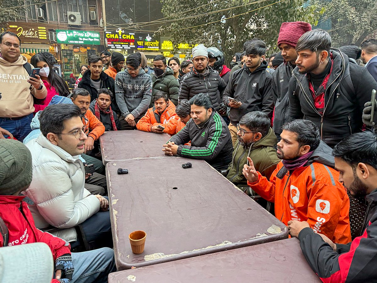 Raghav Chadha meets protesting gig workers in Delhi - PTI
