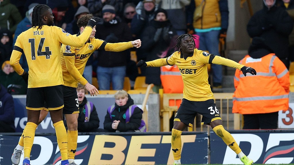 Wolverhampton Wanderers' Mateus Mane celebrates after scoring his side's third goal during the English Premier League match against West Ham United in Wolverhampton. - Photo: Nigel French/PA via AP
