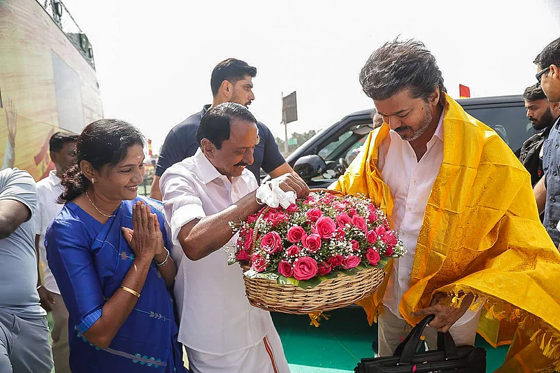 Supporters gather in Erode as TVK founder Vijay.