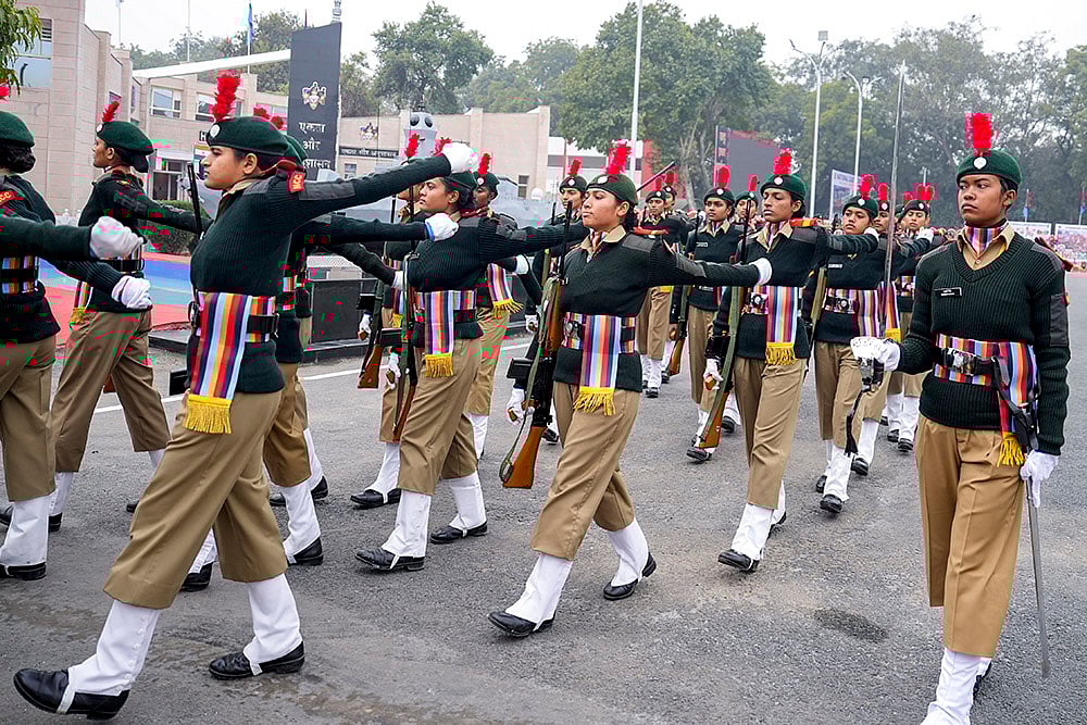 NCC cadets during Republic Day parade rehearsals at Cariappa Parade Ground, in New Delhi. - | Photo: PTI/Salman Ali