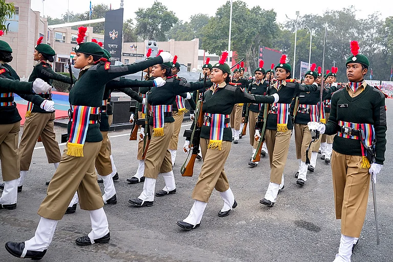 NCC cadets during Republic Day parade rehearsals at Cariappa Parade Ground, in New Delhi. - | Photo: PTI/Salman Ali