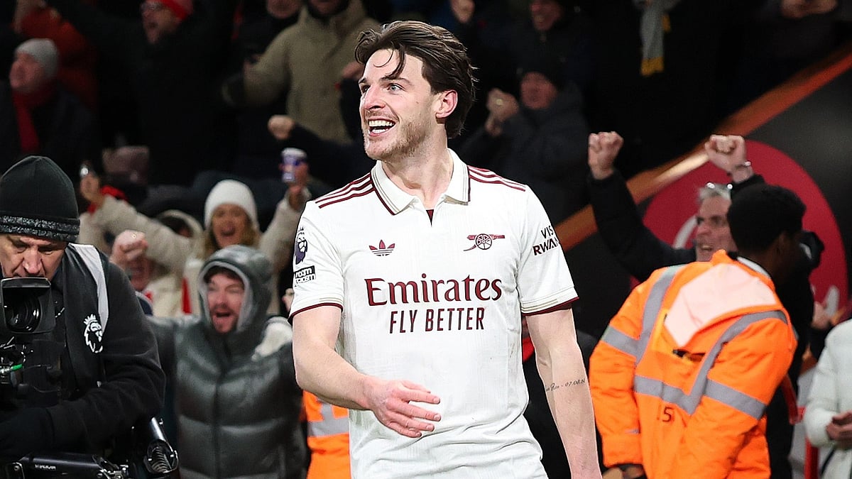 Declan Rice strikes two goals in the 71th and 54th minute of the game to guide Arsenal to a 3-2 victory over Bournemouth at the Vitality Stadium stadium in Bournemouth city. - X/Arsenal