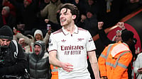 X/Arsenal : Declan Rice strikes two goals in the 71th and 54th minute of the game to guide Arsenal to a 3-2 victory over Bournemouth at the Vitality Stadium stadium in Bournemouth city.