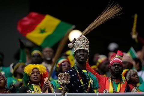 Senegal fans cheer their team during the Africa Cup of Nations group D soccer match between Senegal and DR Congo in Tangier, Morocco, Saturday, Dec. 27, 2025. 