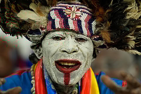 A DR Congo fan cheers prior to the Africa Cup of Nations group D soccer match between Botswana and DR Congo in Rabat, Morocco, Tuesday, Dec. 30, 2025. 