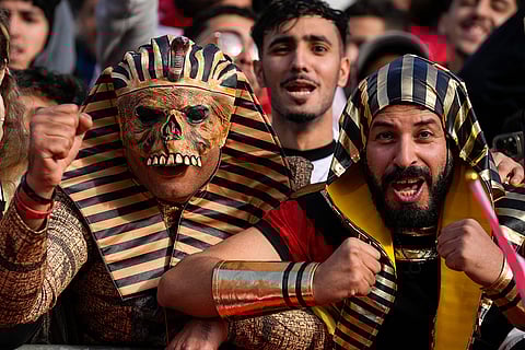 Egypt fans support their team during the Africa Cup of Nations group B soccer match between Egypt and South Africa in Agadir, Morocco, Friday, Dec. 26, 2025. 
