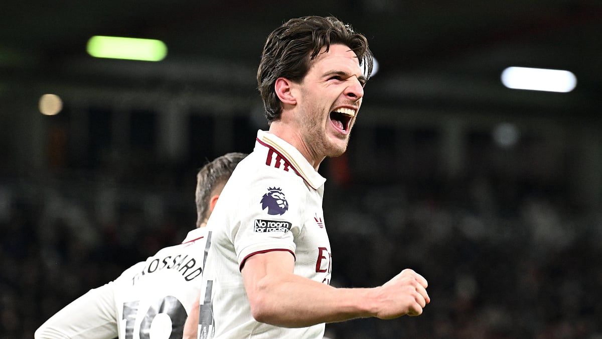 Declan Rice celebrates his goal during the English Premier League match against Bournemouth on January 3, 2026. - null