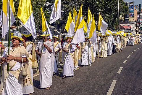 Members of the Syro-Malabar Catholic Church take out 'Nazrani Munnetta Rally' during the ‘Nazrani Sangamam’, in Thiruvananthapuram, Kerala.