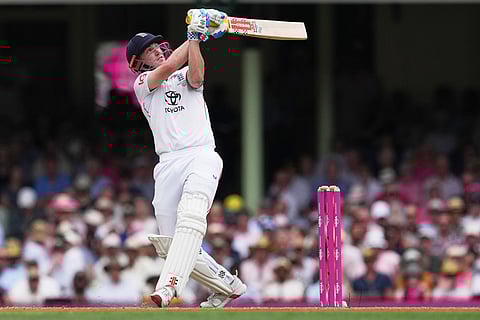 England's Harry Brook hits a six during play on day one of the fifth and final Ashes cricket test between England and Australia in Sydney, Sunday, Jan. 4, 2026. ()