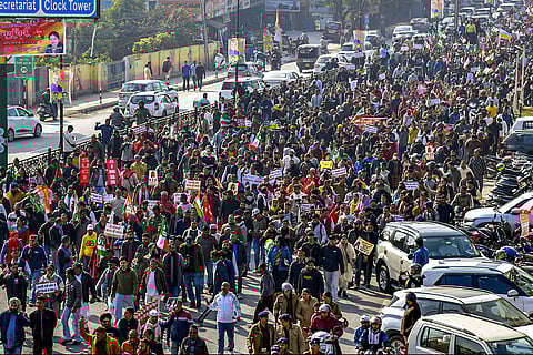 Members of various organisations take part in a protest march towards the Uttarakhand Chief Minister’s residence, demanding a CBI probe into the Ankita Bhandari murder case, in Dehradun.