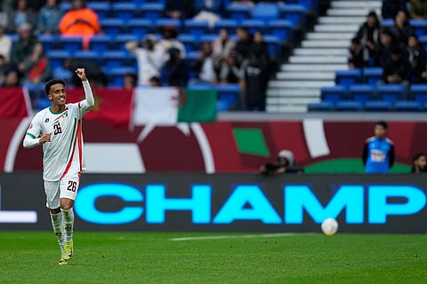Sudan's Aamir Abdallah celebrates after scoring during the Africa Cup of Nations best of 16 soccer match between Senegal and Sudan in Tangier, Morocco.