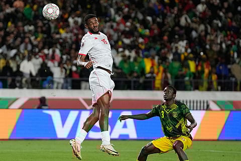 Tunisia's Firas Chaouat scores during the Africa Cup of Nations best of 16 soccer match between Mali and Tunisia in Casablanca, Morocco.