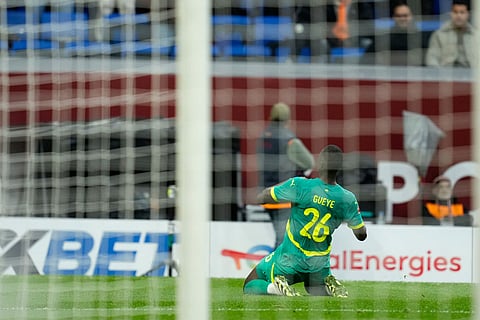Senegal's Pape Alassane Gueye celebrates after scoring a goal during the Africa Cup of Nations best of 16 soccer match between Senegal and Sudan in Tangier, Morocco.