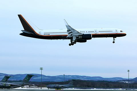 An airplane carrying captured Venezuelan President Nicolas Maduro lands at Stewart Air National Guard Base in Newburgh, N.Y.