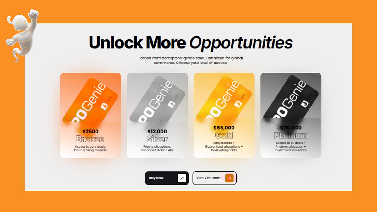 Four IPO Genie membership cards in orange, silver, gold, and black for various investment levels